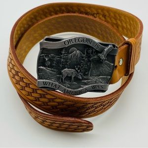 Looper Tooled Leather Belt With Buckle “Oregon Is Where America Was”